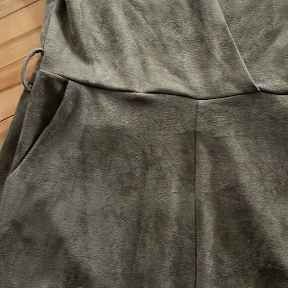 Akira Chicago Red Label olive faux suede short sleeve wrap bodice romper. Small - Picture 3 of 5